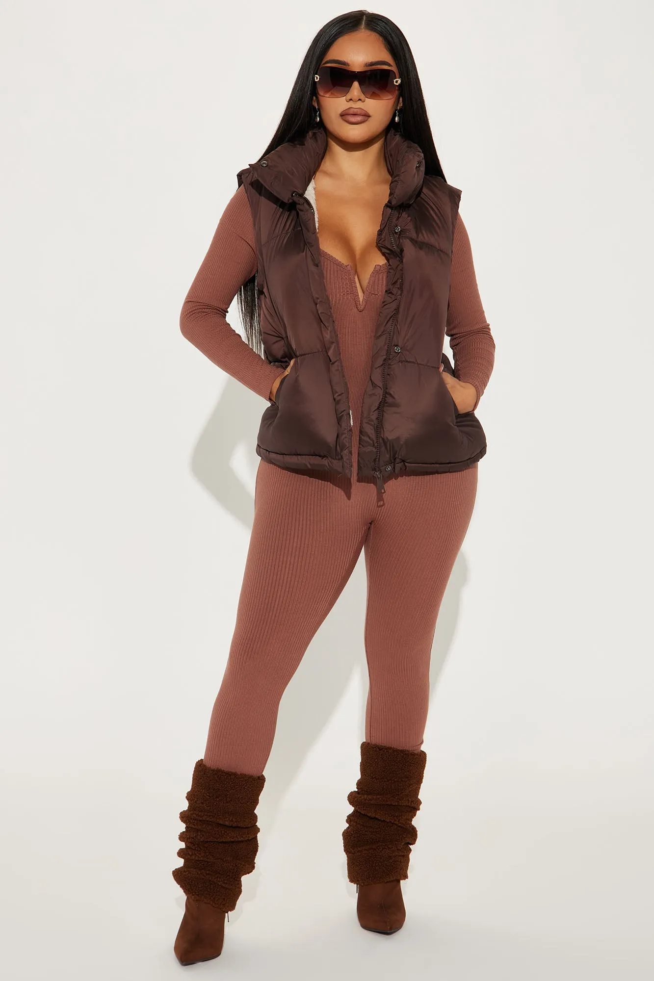 All Day Long Puffer Vest - Brown