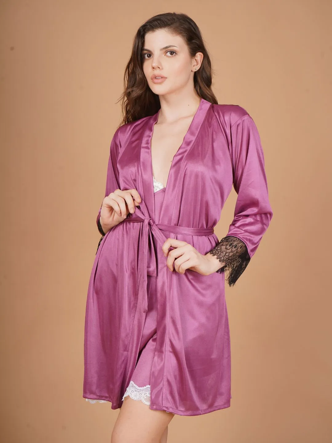 Back Lace Burgundy Satin Robe