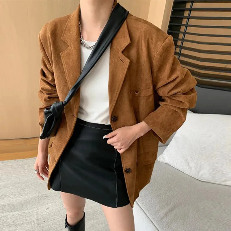 Brown Faux Suede Jacket Women Fall Oversized Blazer 2024 Autumn Lapel Pockets Coat Office Top Lady Elegant Street New In Outwear