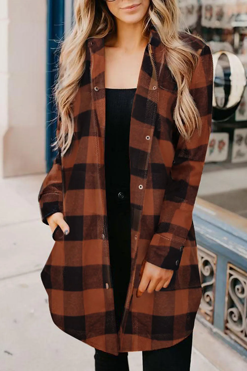 Brown Turn-down Collar Plaid Shirt Coat