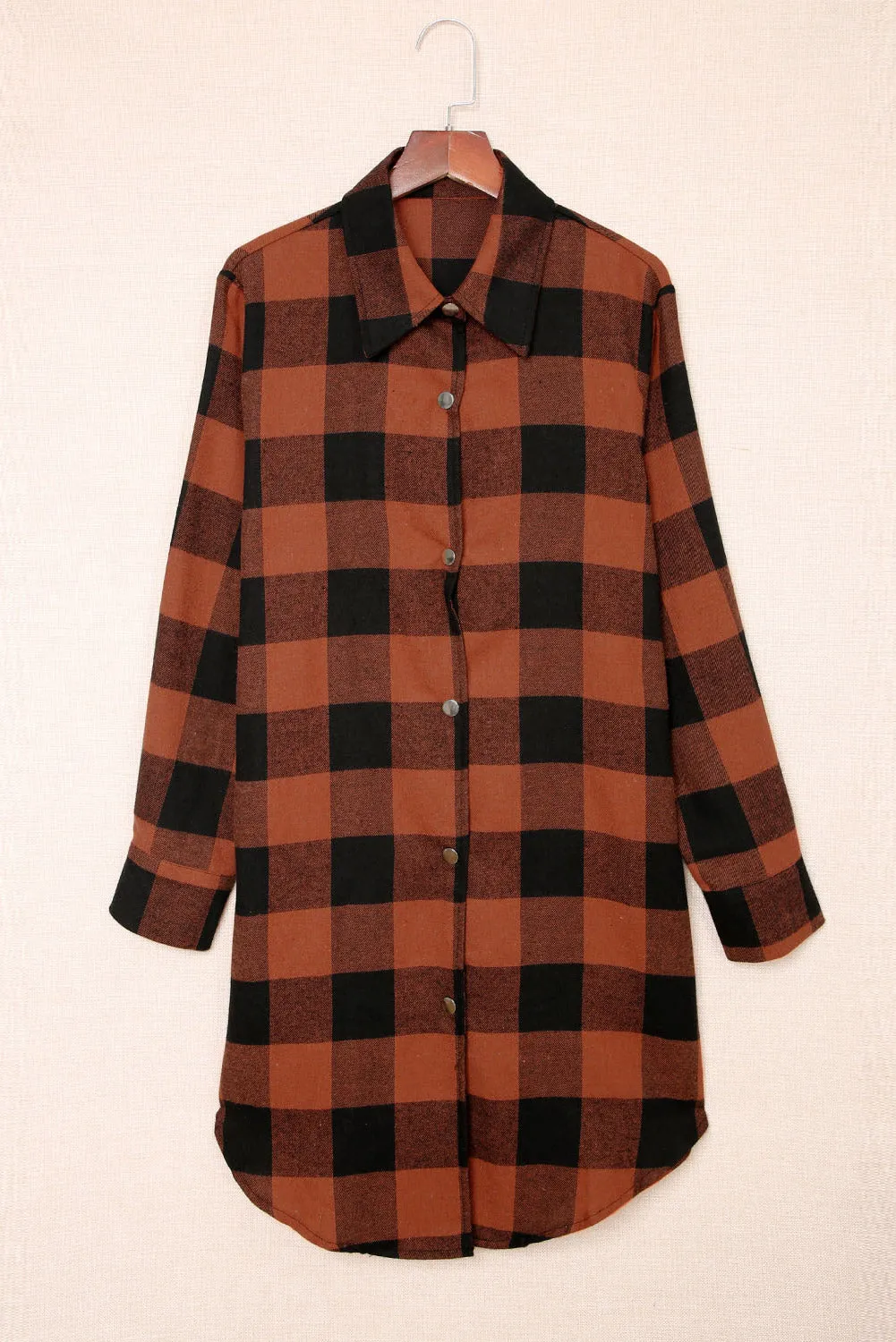 Brown Turn-down Collar Plaid Shirt Coat