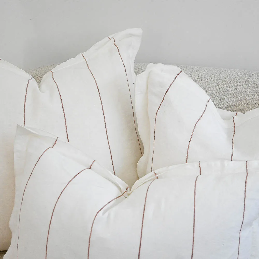 Carter Linen Cushion - Off White w' Nutmeg Fine Stripe