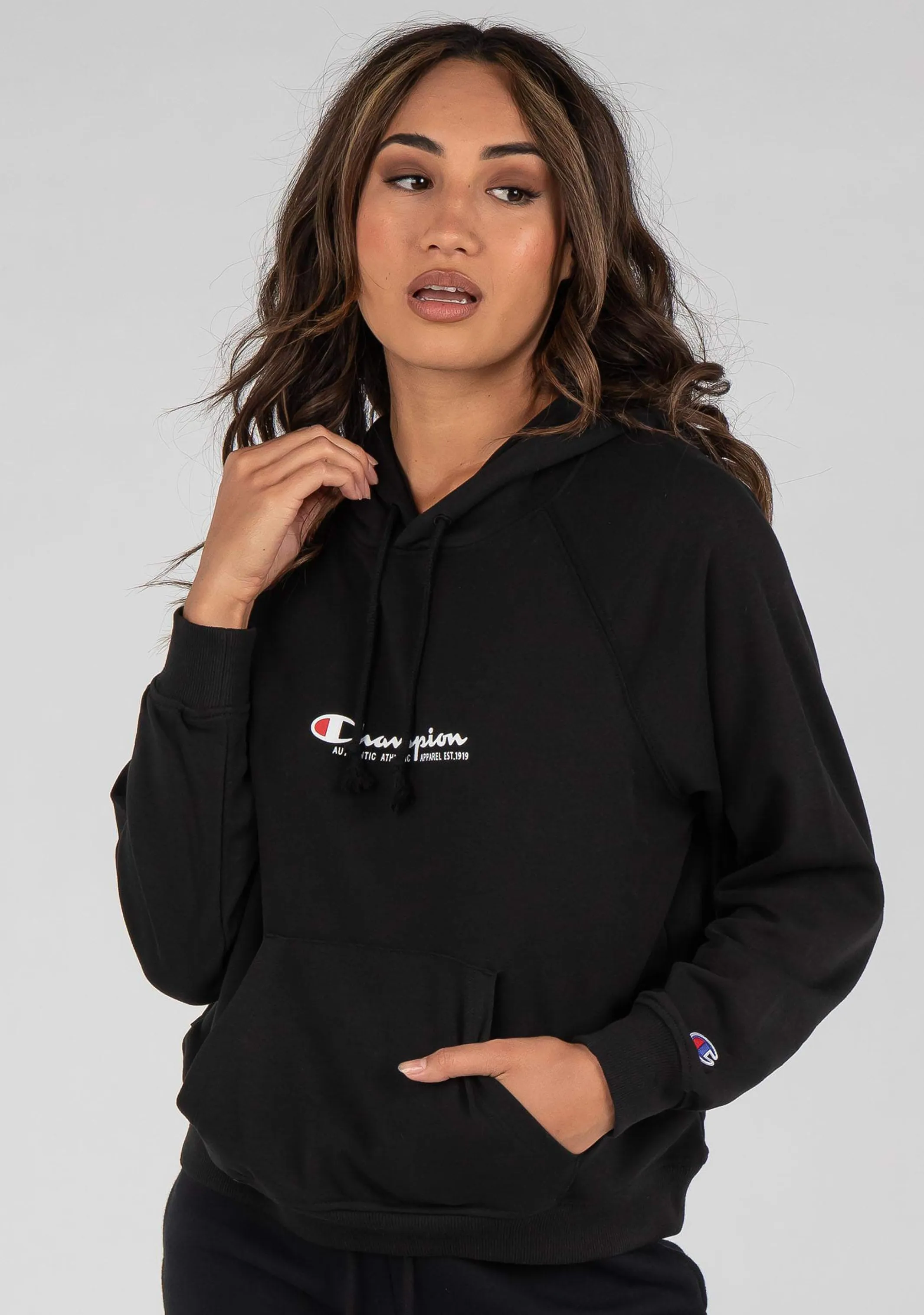 Champion Womens French Terry Script Hoodie <br> CTKEN BLK