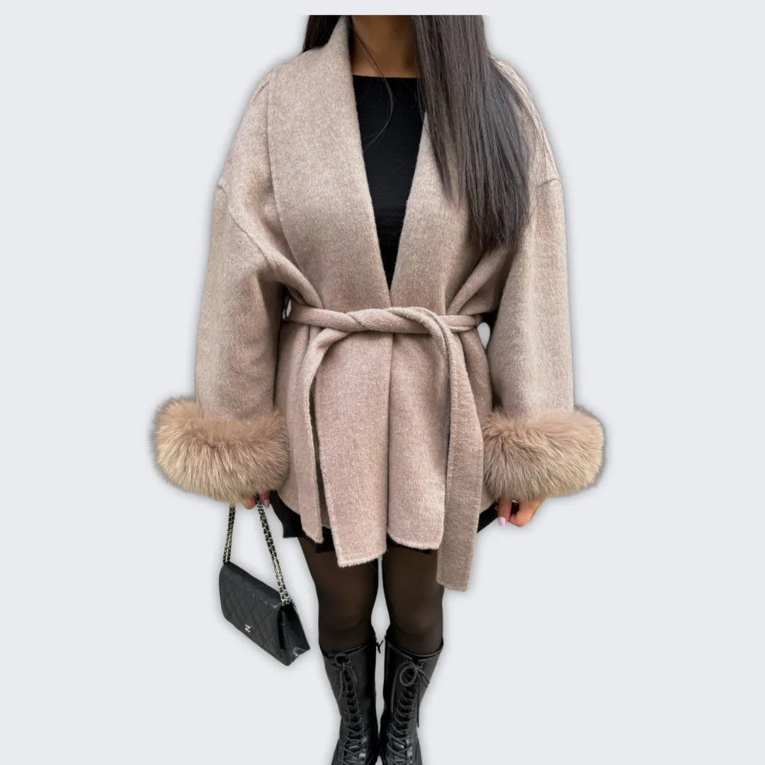 Chic Beige & Brown Faux Fur Winter Coat - Elegant & Warm