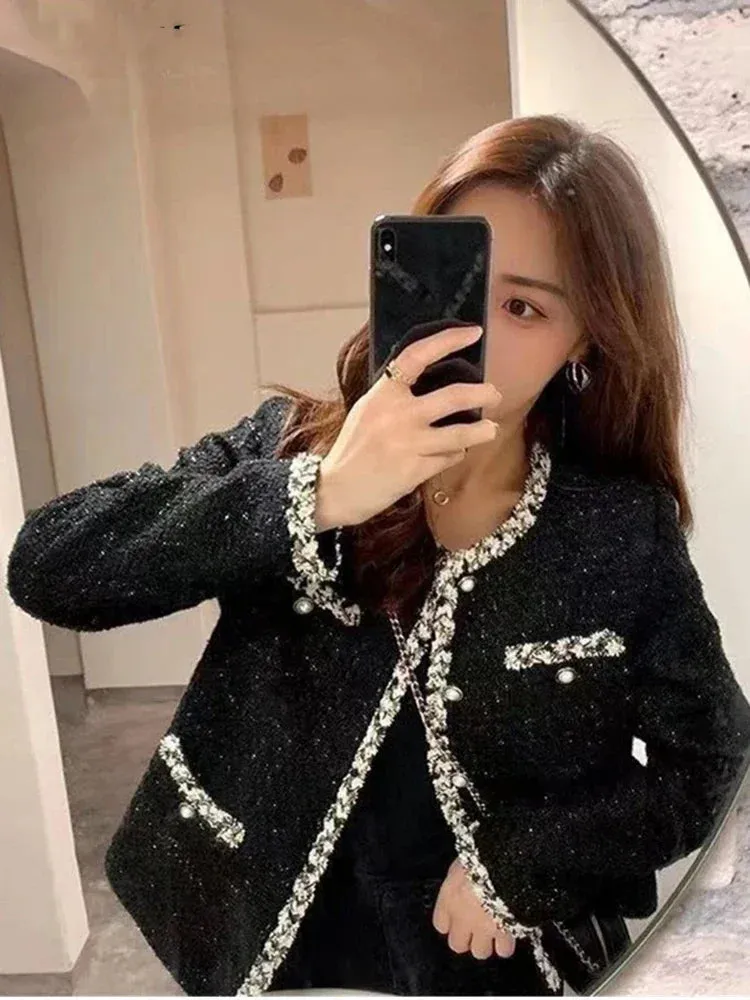 Elegant Lady Woolen Short Outerwear French Small Fragrant Tweed Jacket Coat for Women's Spring Autumn Korean Fashion