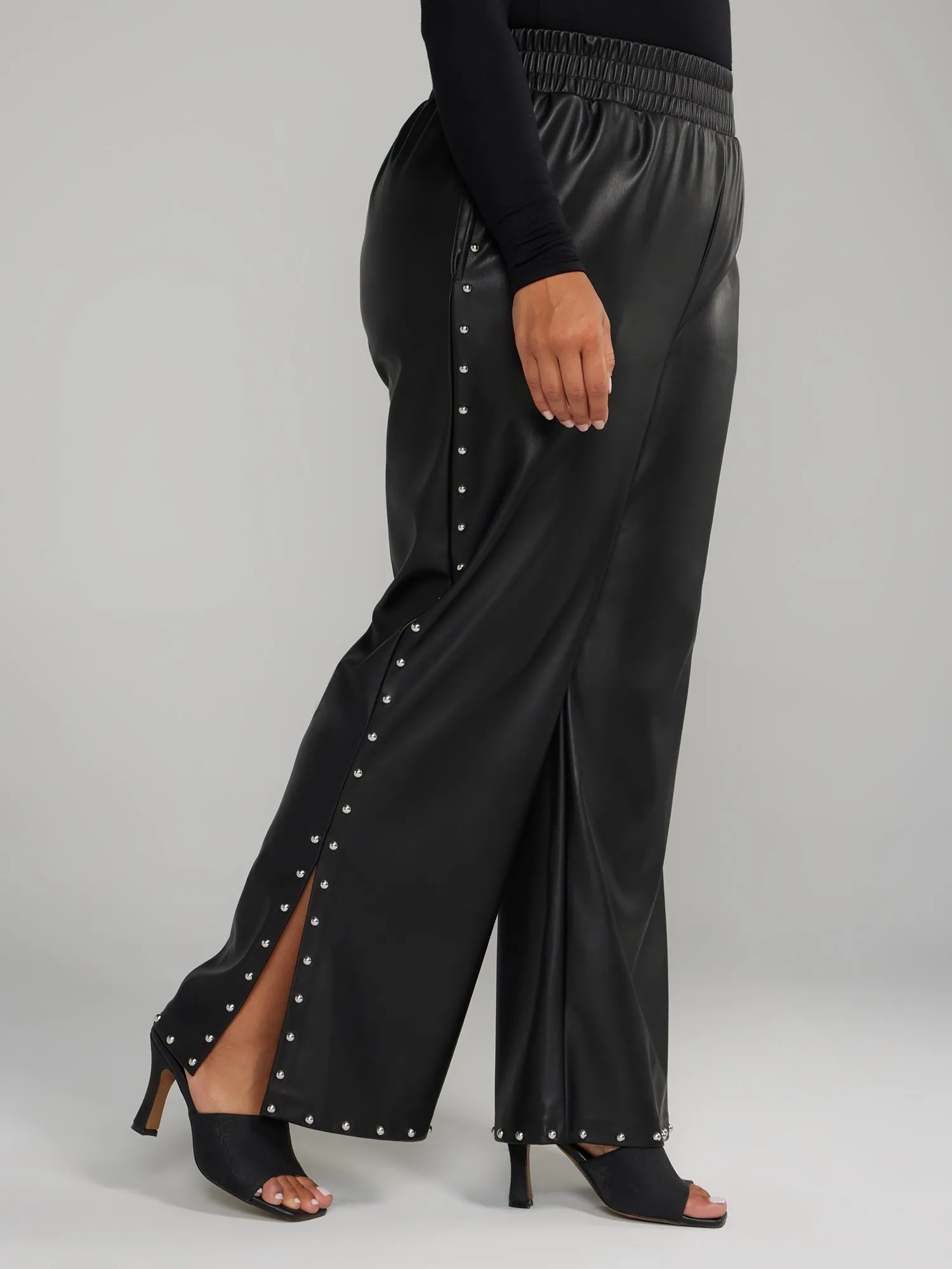 Fashion To Figure - Faux Leather Stud Detail Wide Leg Pants