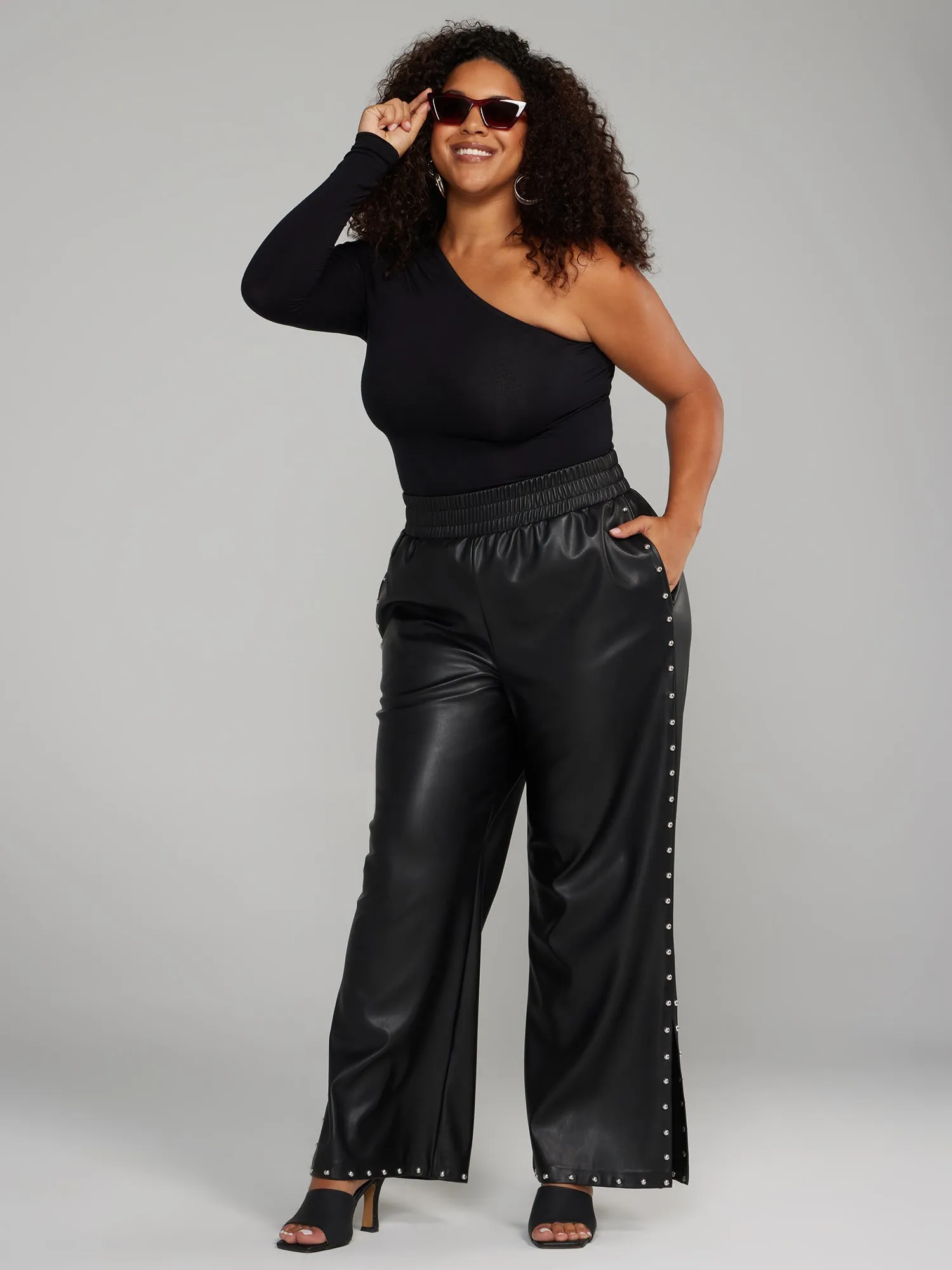 Fashion To Figure - Faux Leather Stud Detail Wide Leg Pants