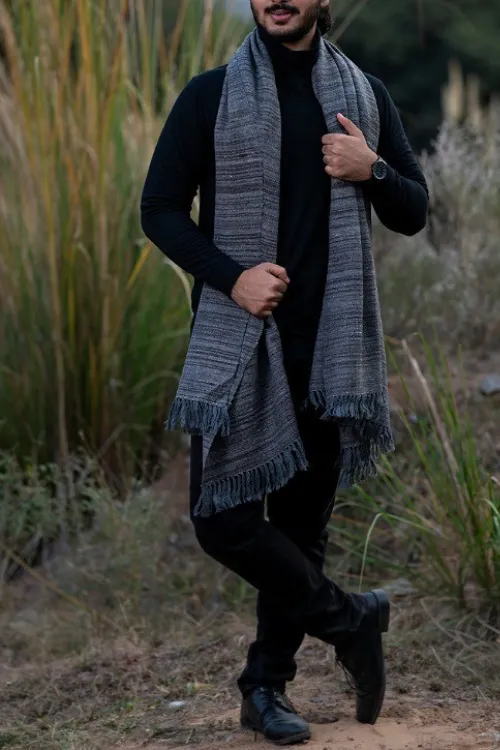 Fine, Soft Himachal Wool Shawl With Woven Border - Grey