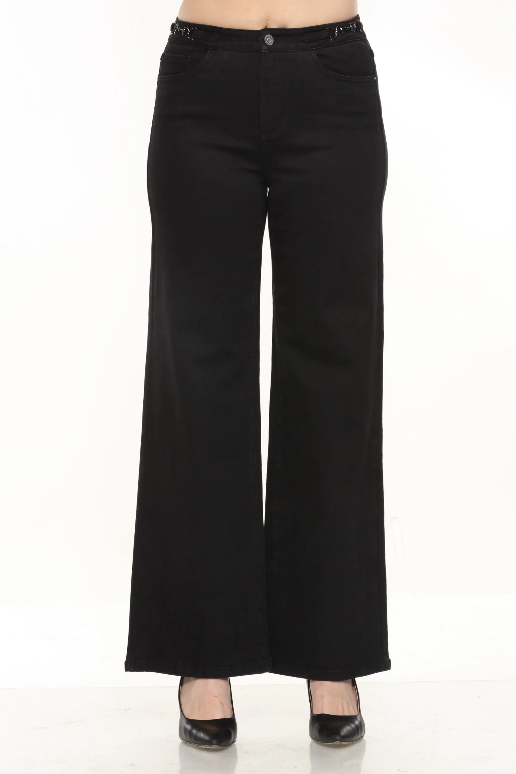 Joseph Ribkoff Black Denim Metal Waist Accent Wide Leg Jeans 244947