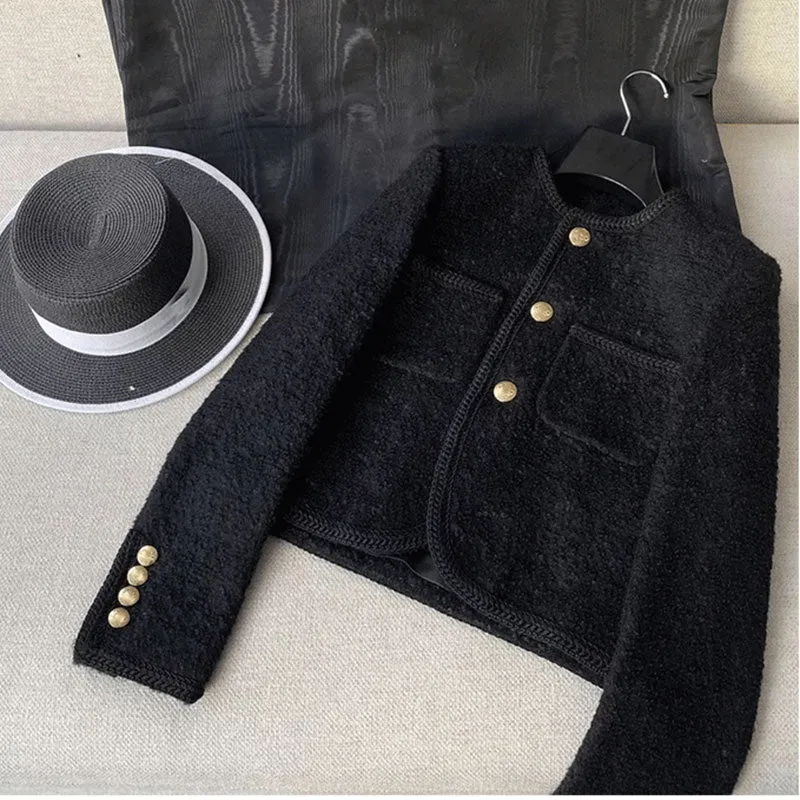 Joskaa Christmas Gift New High Quality Women Fashion Jackets Black Tweed Two Pockets Golden Buttons Elegant Coats Spring Autumn Women Clothes