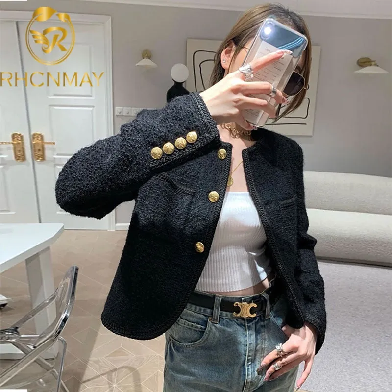 Joskaa Christmas Gift New High Quality Women Fashion Jackets Black Tweed Two Pockets Golden Buttons Elegant Coats Spring Autumn Women Clothes