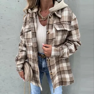 Joskaa Spring Autumn Elegant Office Cardigan Fashion Plaid Print Patchwork Jacket Coat Women Elegant Zipper Hooded Tops Outerwear