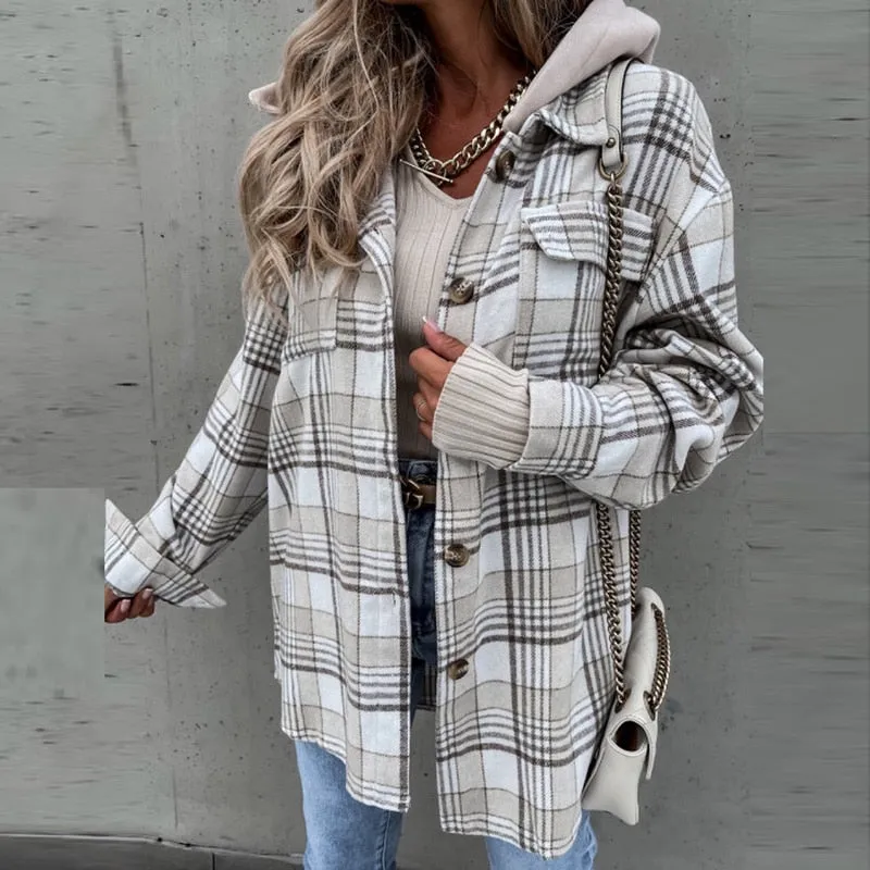 Joskaa Spring Autumn Elegant Office Cardigan Fashion Plaid Print Patchwork Jacket Coat Women Elegant Zipper Hooded Tops Outerwear