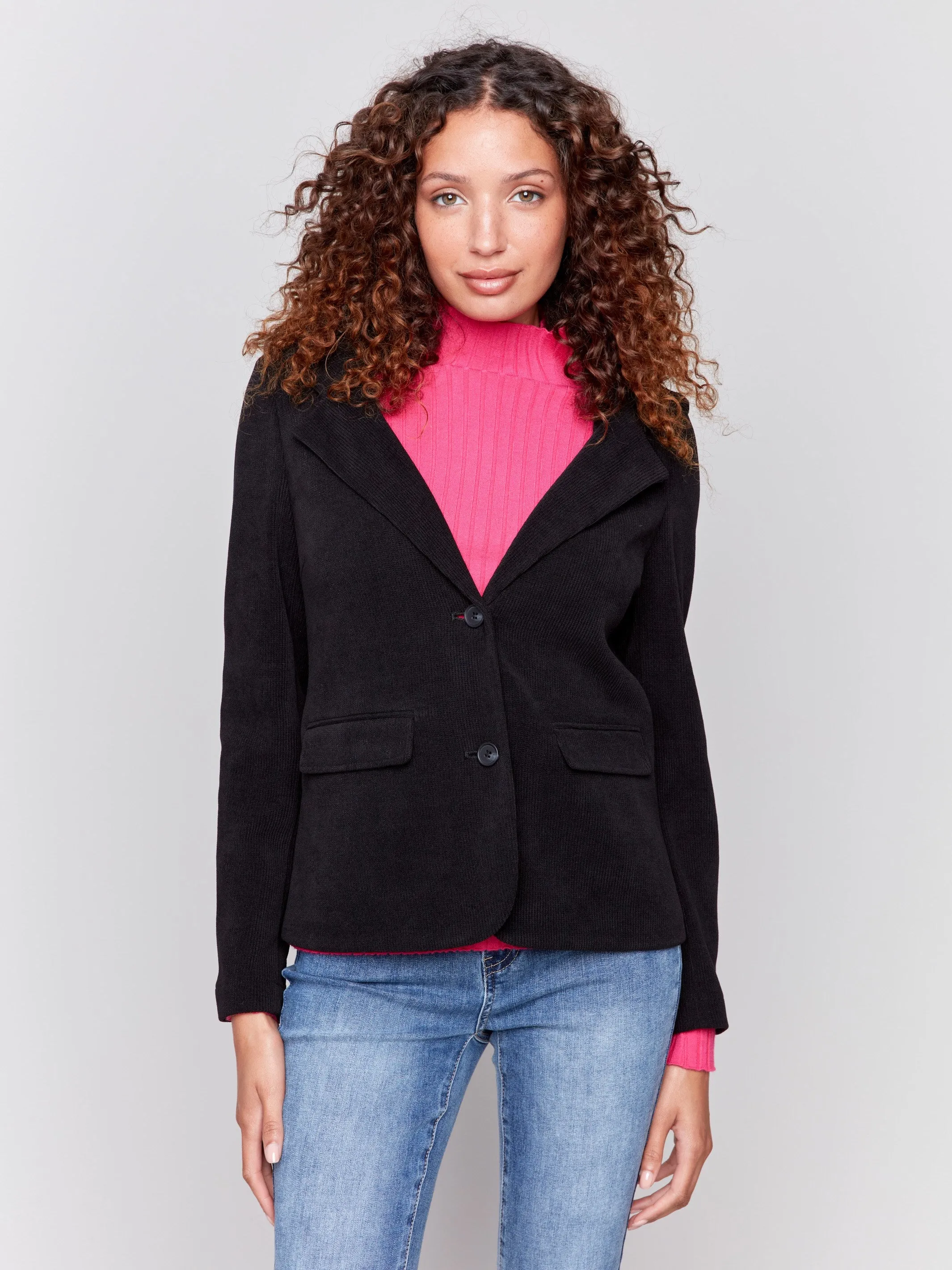 Knit Corduroy Blazer With Hood - Black