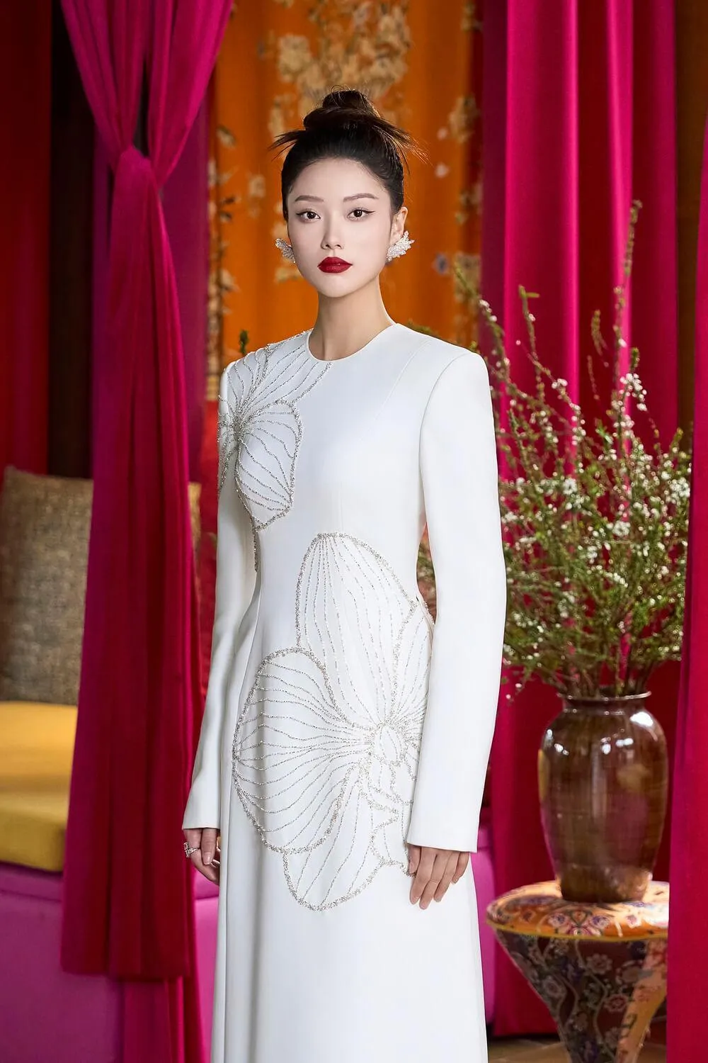 Lumins Sheath Round Neck Velvet Satin Floor Length Ao Dai