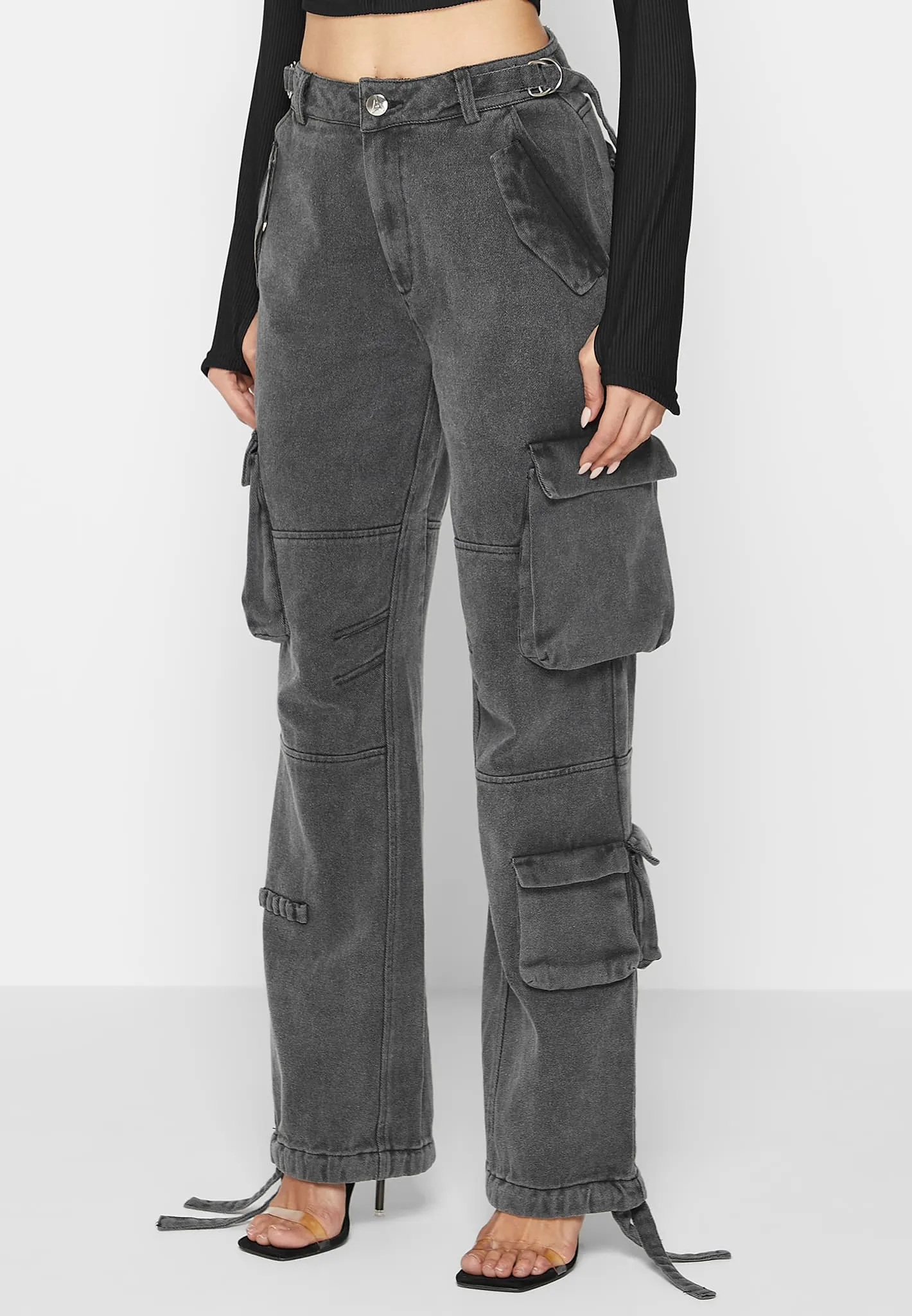 Mid Rise Cargo Pants - Washed Grey