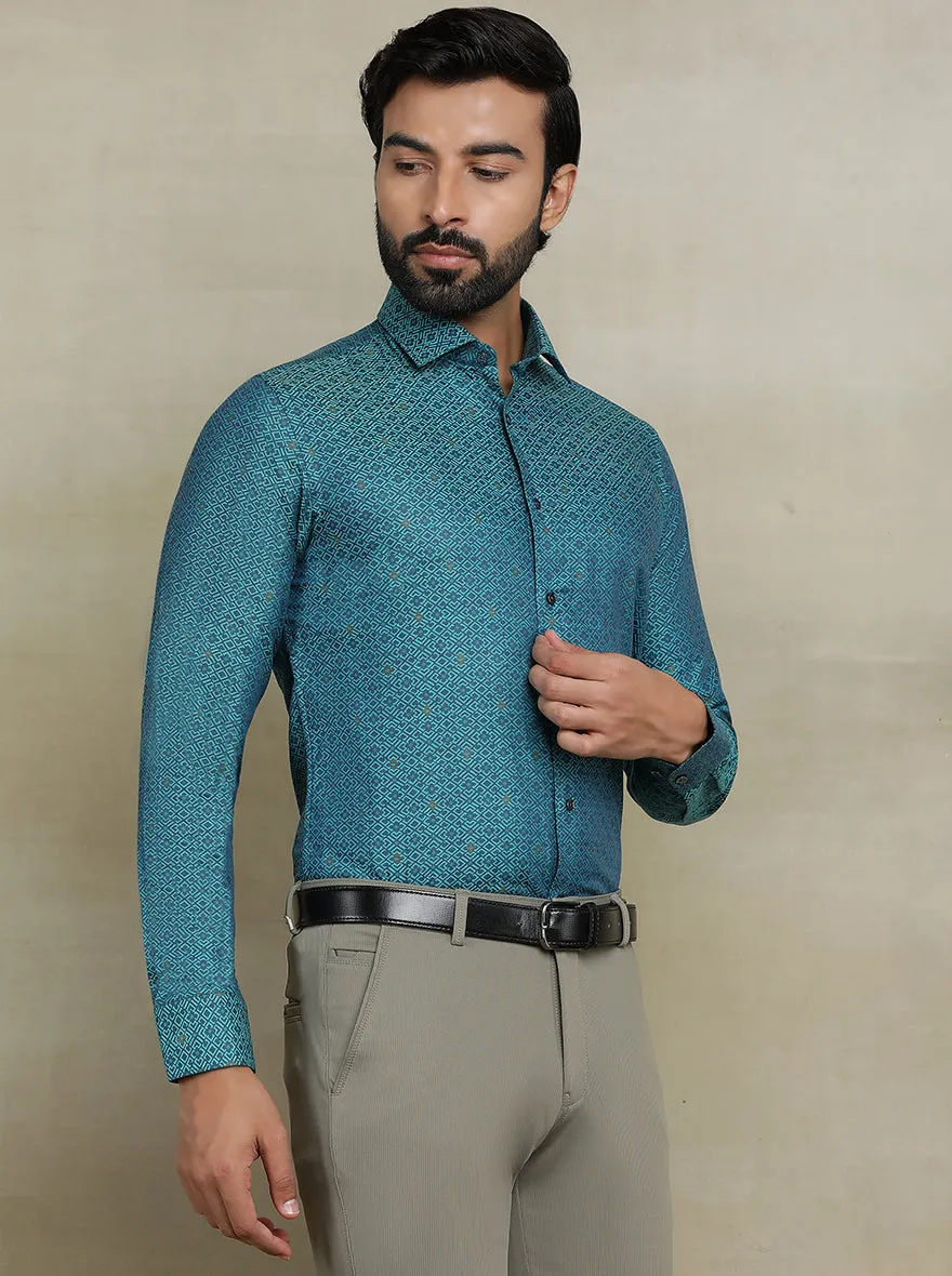 Peacock Blue Printed Slim fit Party Wear Shirt | Wyre