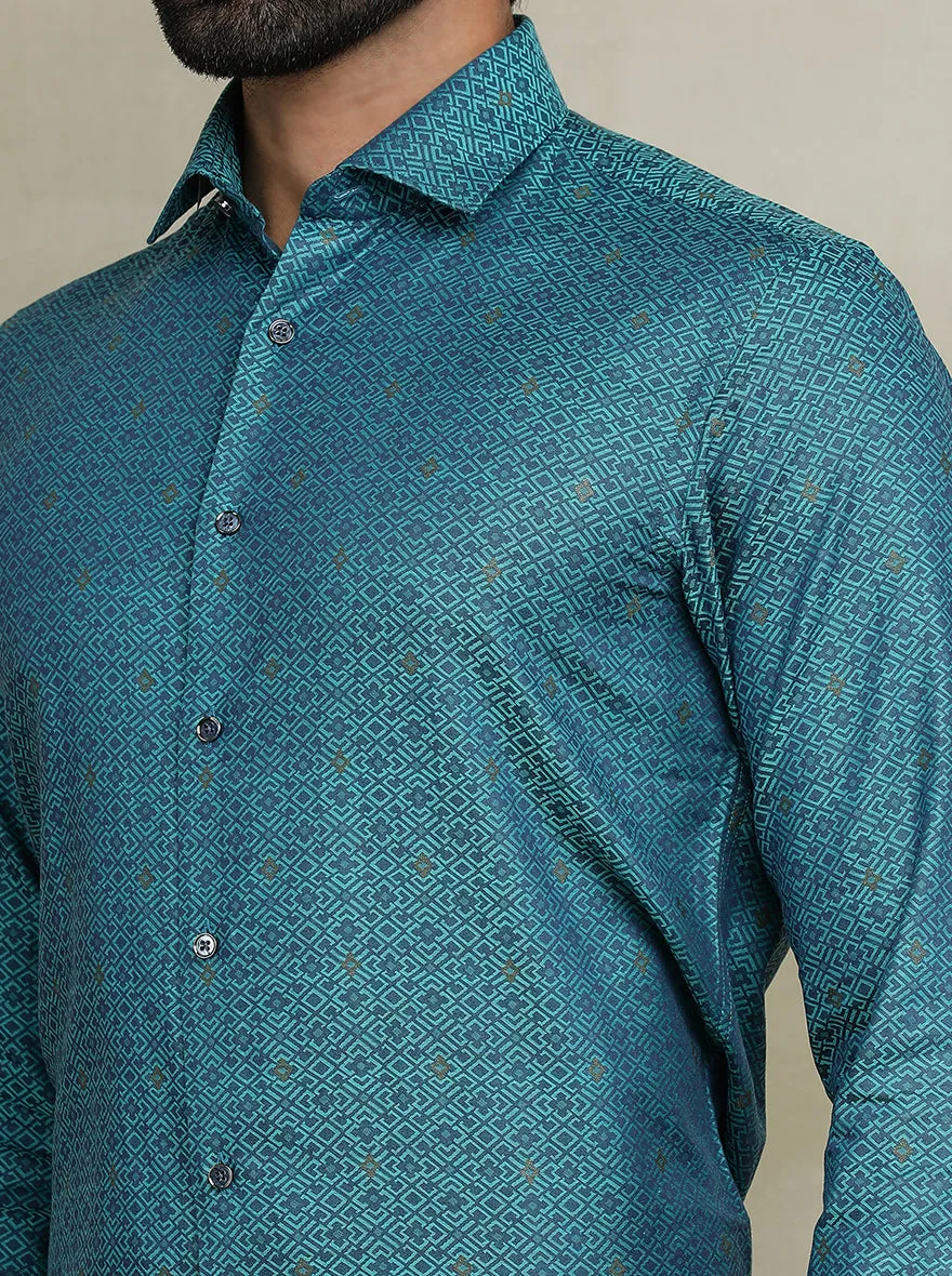 Peacock Blue Printed Slim fit Party Wear Shirt | Wyre