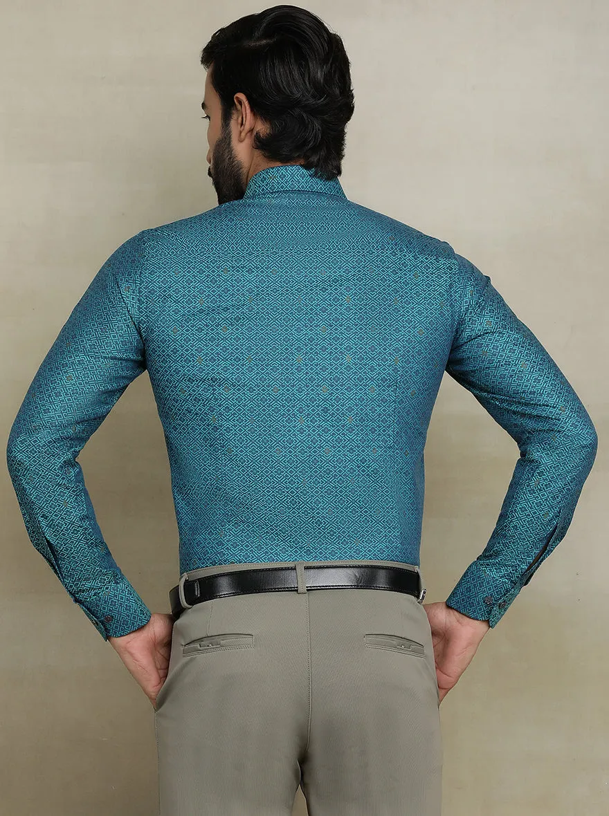 Peacock Blue Printed Slim fit Party Wear Shirt | Wyre