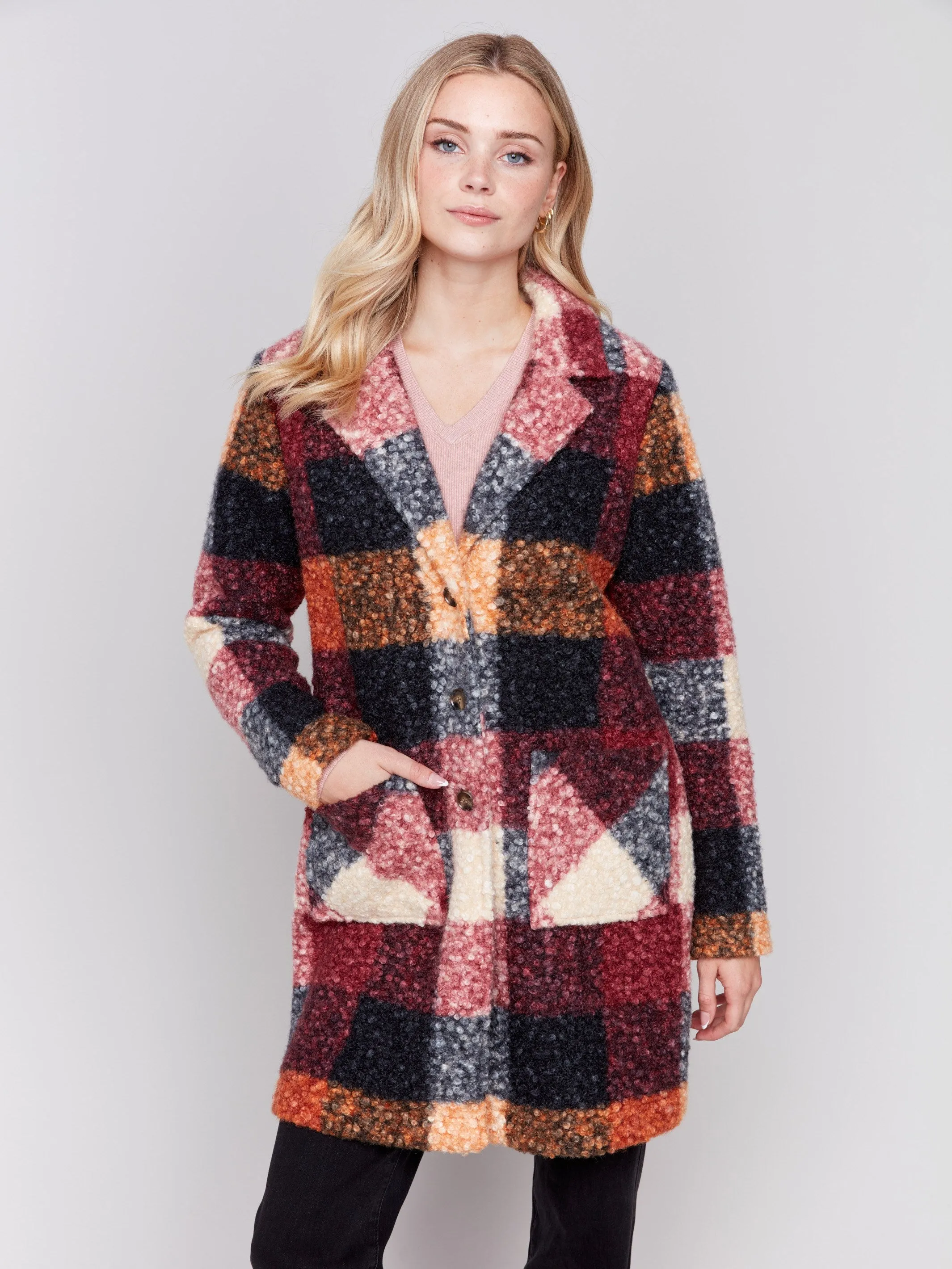 Plaid Bouclé Knit Coat - Cabernet