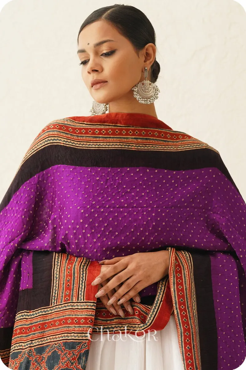 Purple Red Bandhani Ajrakh Silk Dupatta