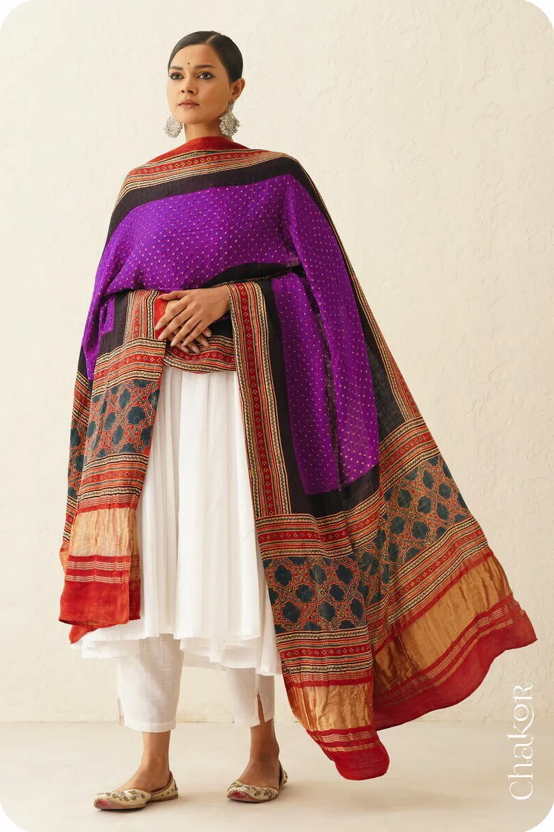 Purple Red Bandhani Ajrakh Silk Dupatta