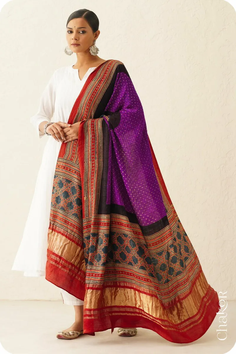 Purple Red Bandhani Ajrakh Silk Dupatta