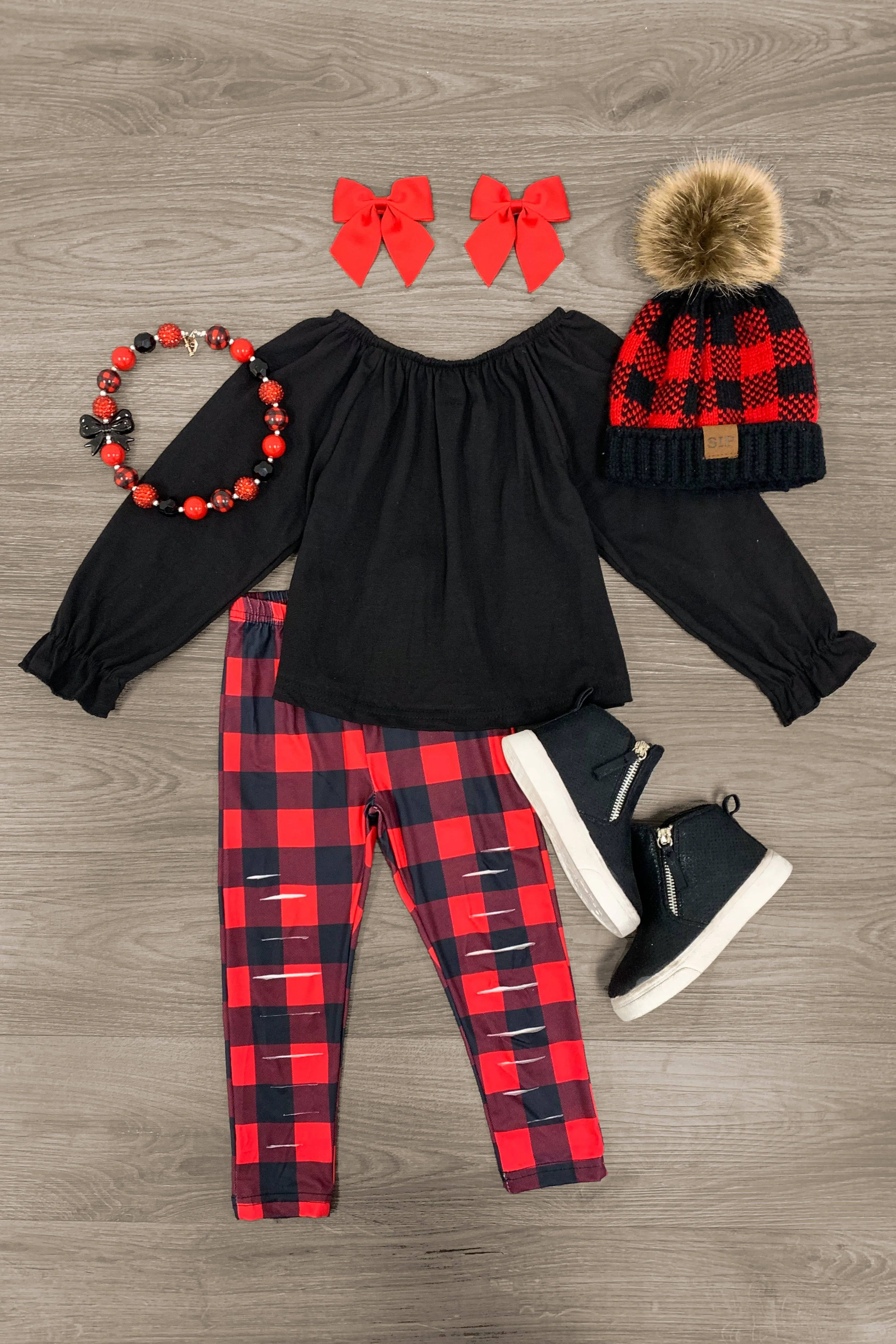 Red & Black Buffalo Plaid Distressed Legging Set