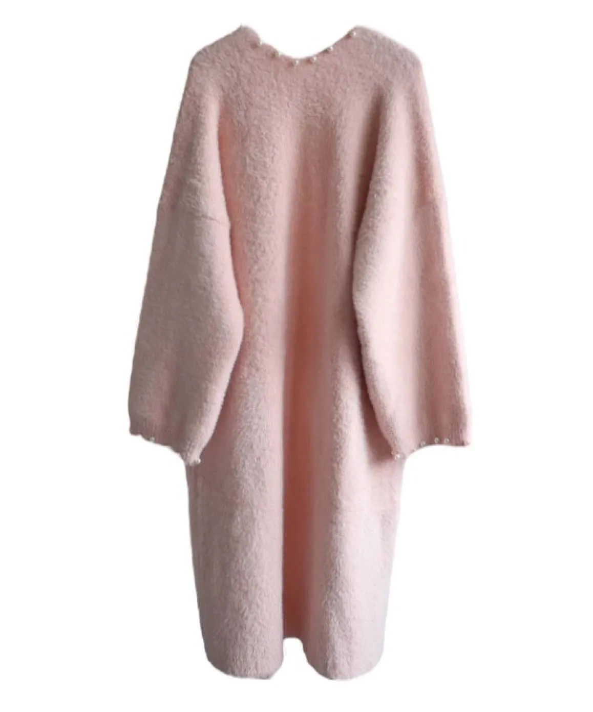 Thick Fuzzy Knitted Midi Cardigan With Pearls