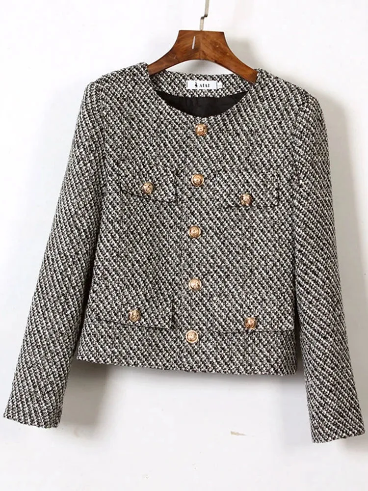 Vintage Elegant Casual Slim Woolen Tweed Jacket Coat