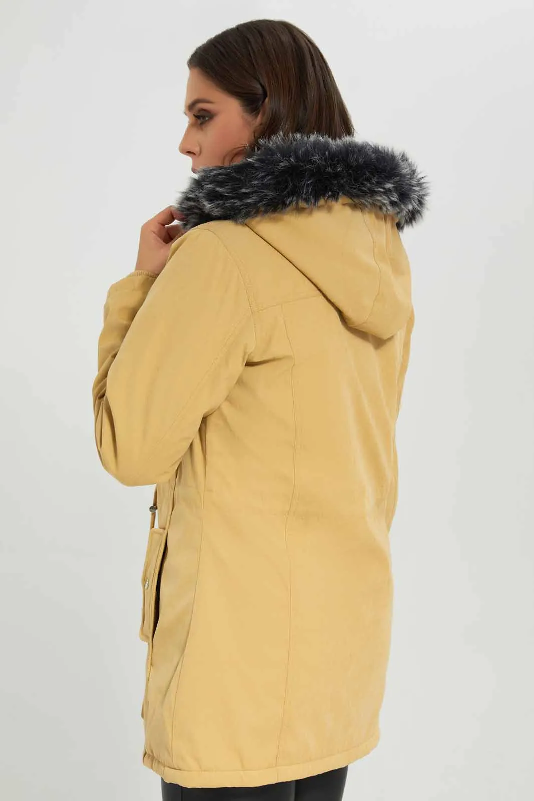 Women Beige Hooded Fur Puffer Padded Jacket