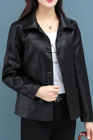 Women PU Leather Collar Neck Long Sleeve Easy Button Down Casual Jacket     WCJK37310