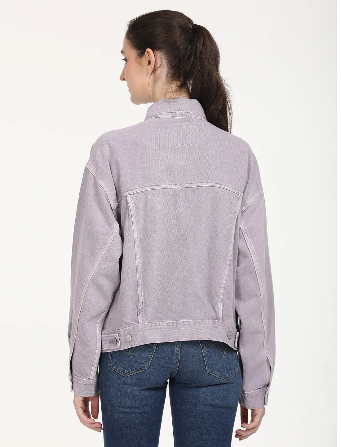 Women's Solid Purple Spread Collar Trucker Jacket