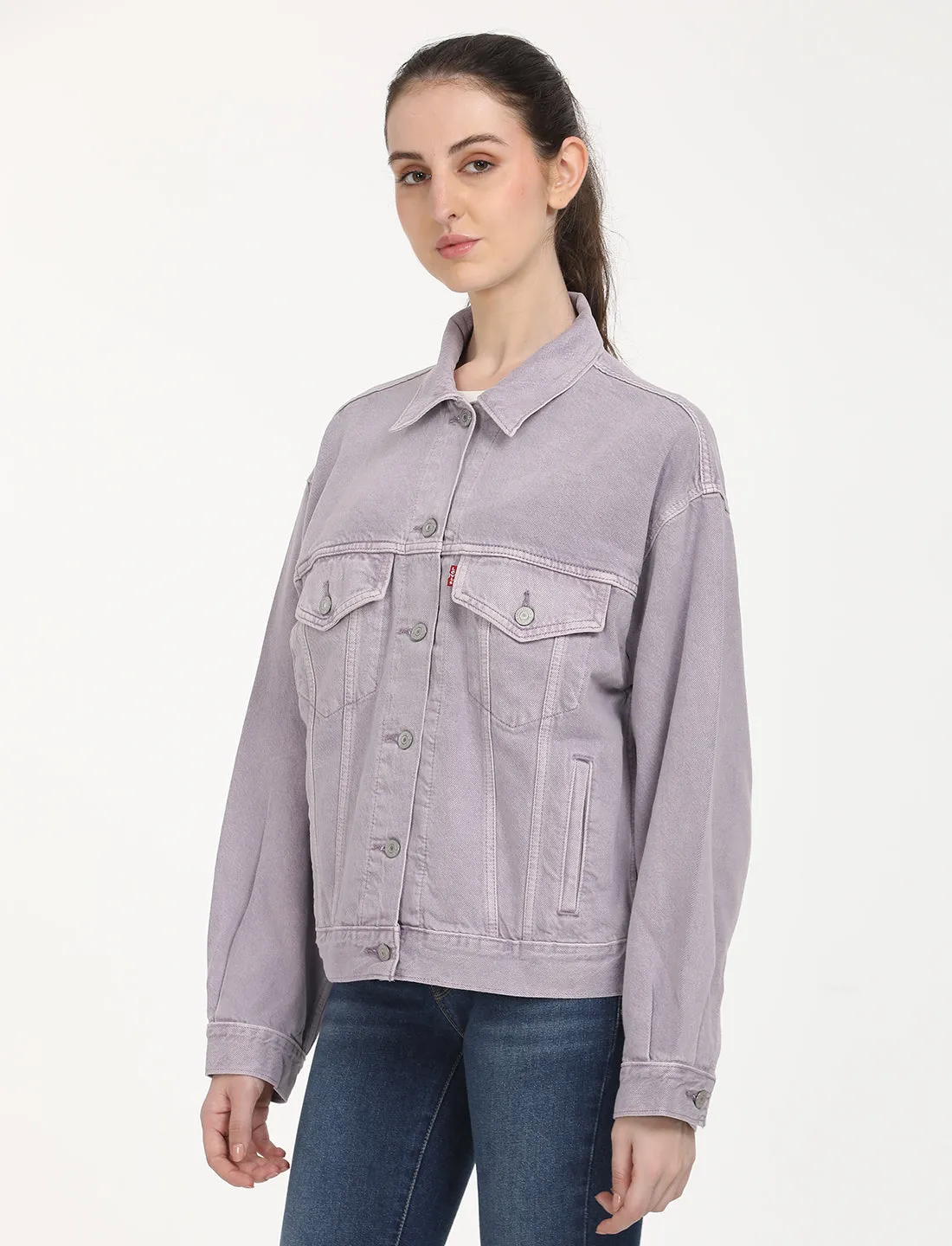 Women's Solid Purple Spread Collar Trucker Jacket