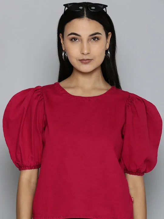 Women's Solid Red Round Neck Tops