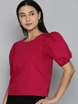 Women's Solid Red Round Neck Tops