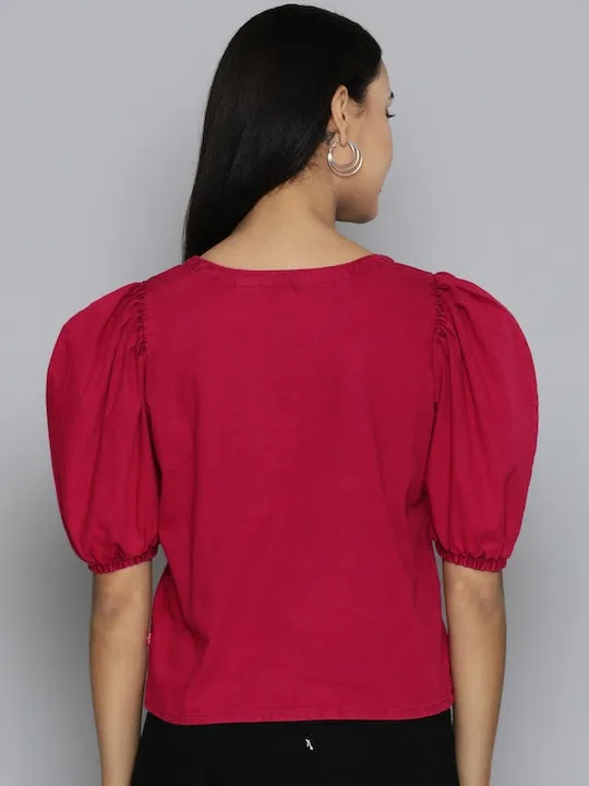 Women's Solid Red Round Neck Tops