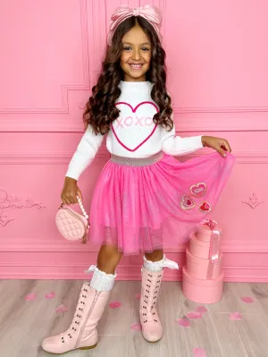 XOXO Embroidered Sweater and Heart Patch Tutu Skirt Set