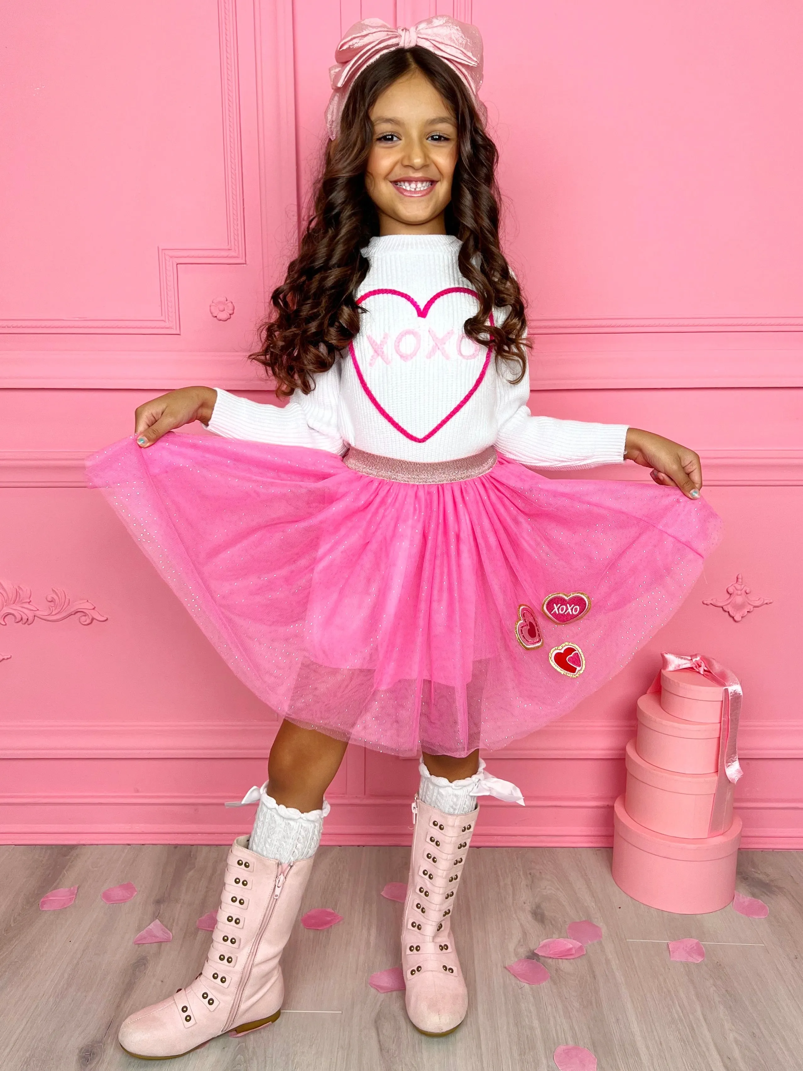 XOXO Embroidered Sweater and Heart Patch Tutu Skirt Set