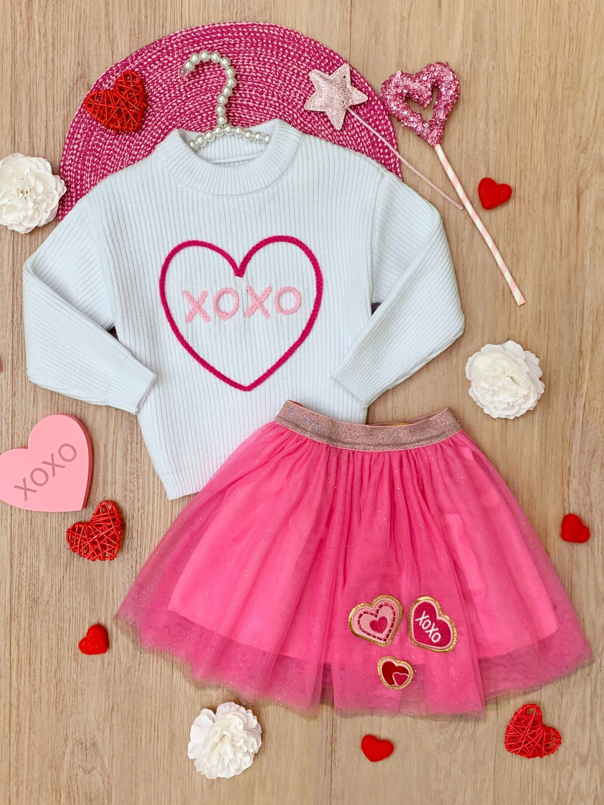 XOXO Embroidered Sweater and Heart Patch Tutu Skirt Set