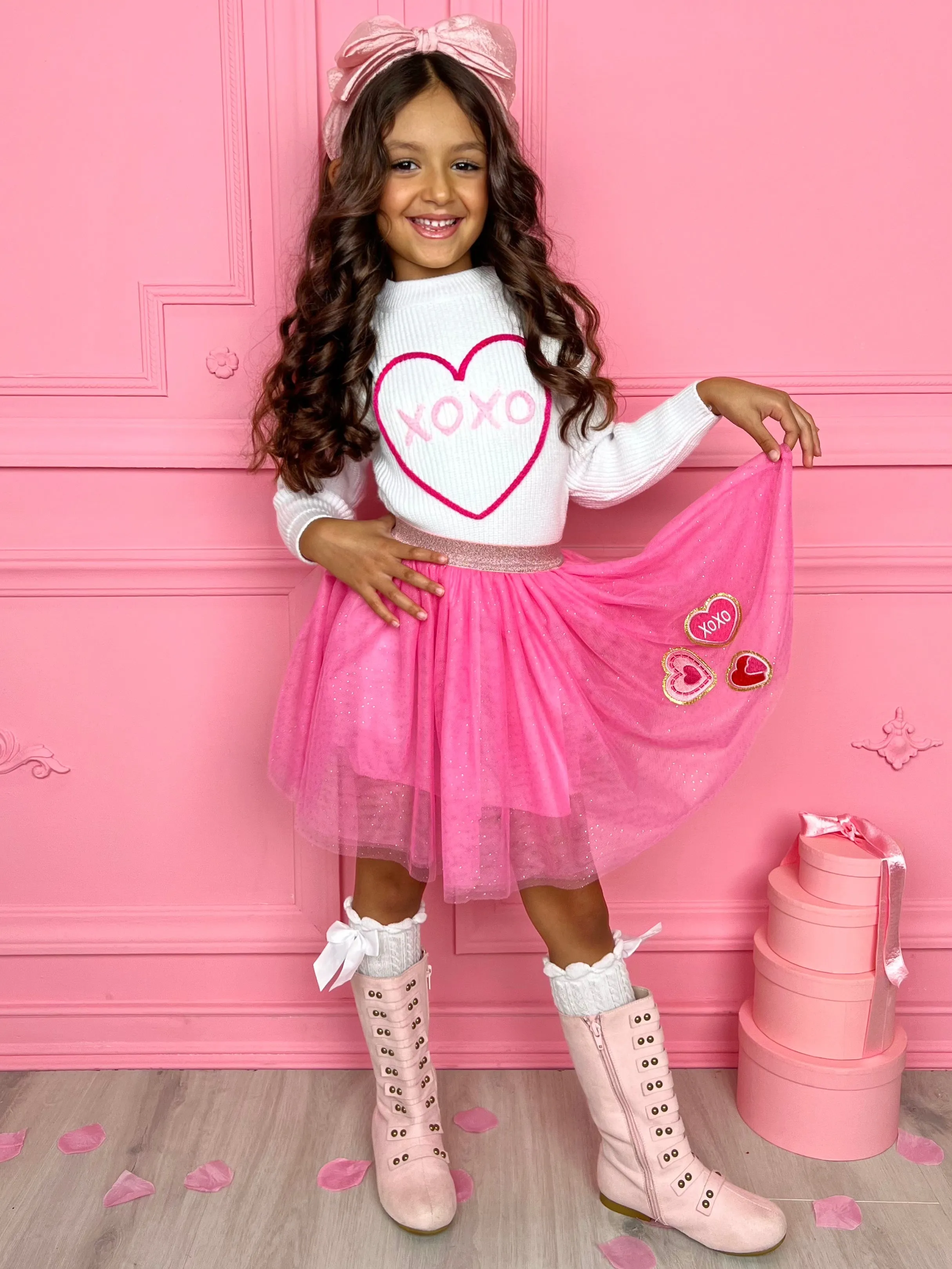 XOXO Embroidered Sweater and Heart Patch Tutu Skirt Set